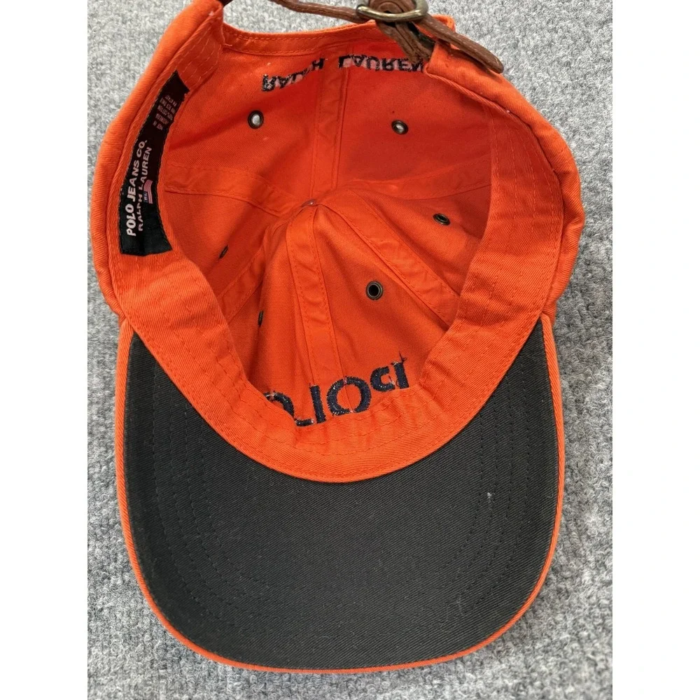 Vtg Polo Jeans Hat Mens Leather Strap Back Orange Dad‎ Cotton Twill